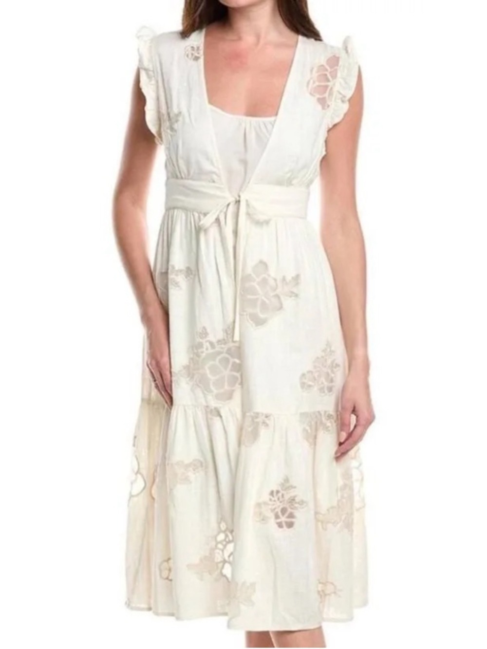 Cabi Laguna Slip Dress Cream Ivory Off White Embroidered Floral Size M EUC